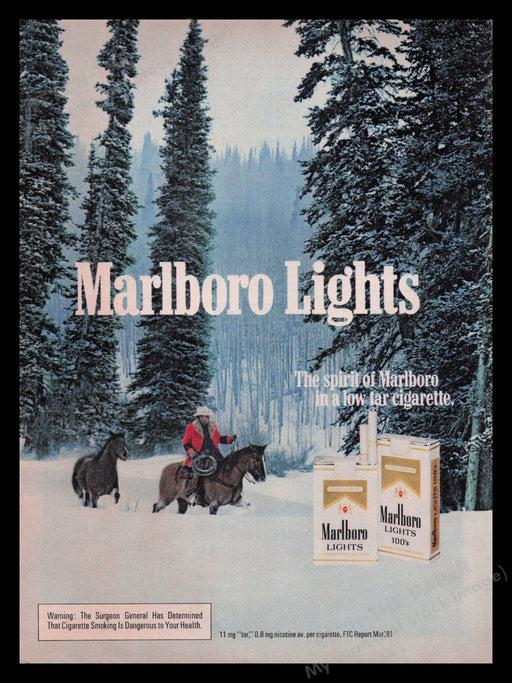 Marlboro Lights Cigarettes 1980s Print Advertisement Ad 1982 Snow Cowboy Horses Fetch the Paper!