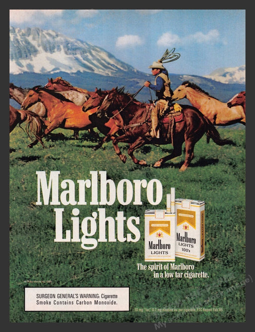 1985 Marlboro Lights Cigarettes Cowboy Galloping Herd Print Advertisement Ad