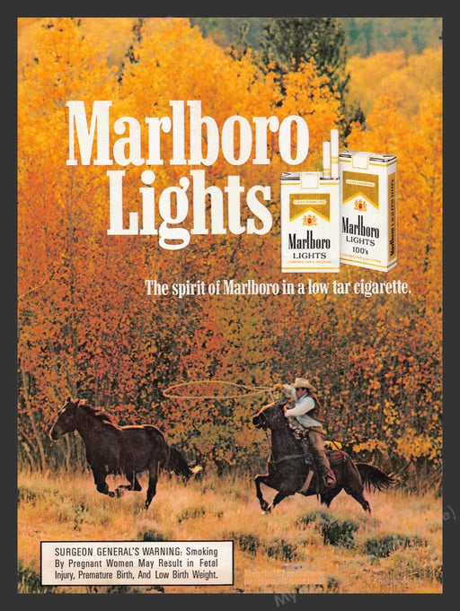 1986 Marlboro Lights Cigarettes Cowboy Roping Fall Leaves Print Advertisement Ad