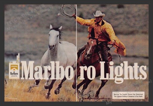 1985 Marlboro Lights Cigarettes Cowboy Roping Gray Print Advertisement (2 Pages)