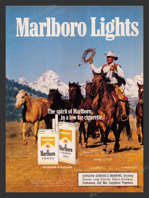 1987 Marlboro Lights Cowboy Mustang Roundup Print Advertisement Ad