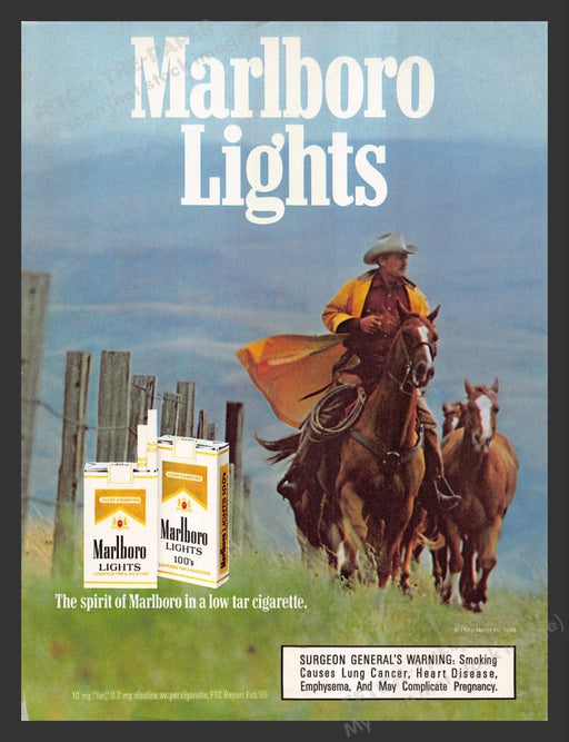 1986 Marlboro Lights Cowboy Riding the Fence Line Print Advertisement Ad