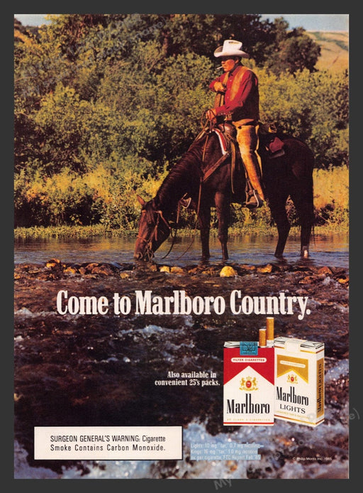 1984 Marlboro Man Cigarettes Cowboy Horse Stream Drinking Print Advertisement Ad