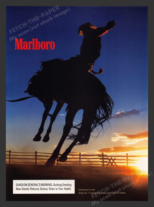 2000 Marlboro Man Cowboy Bronco at Sunset Cigarettes Print Advertisement Ad
