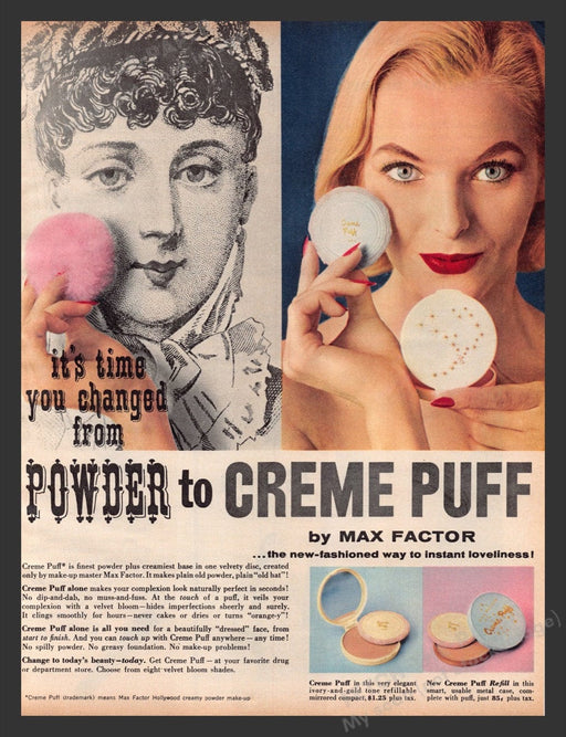 1956 Max Factor Creme Puff Color Print Advertisement Ad