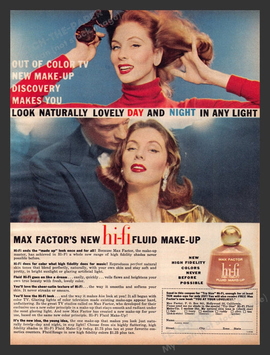 1956 Max Factor hi-fi Fluid Makeup Actress T.V. Color Print Advertisement Ad
