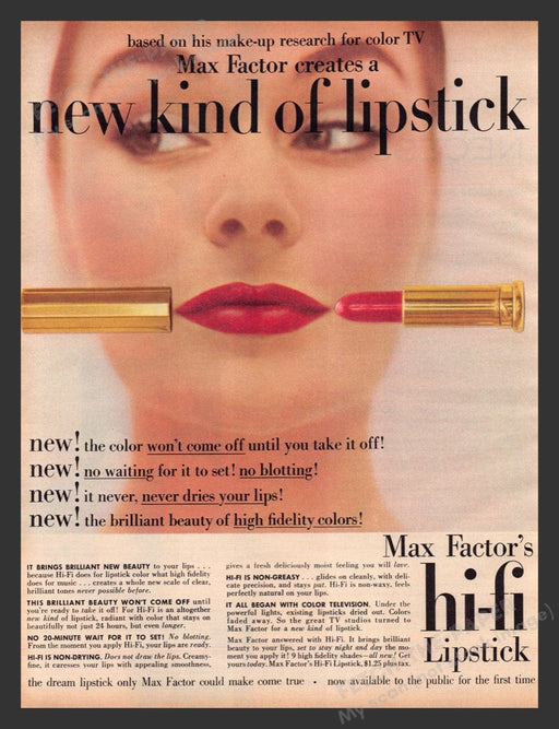 1956 Max Factor Hi-fi Lipstick Color Print Advertisement Ad