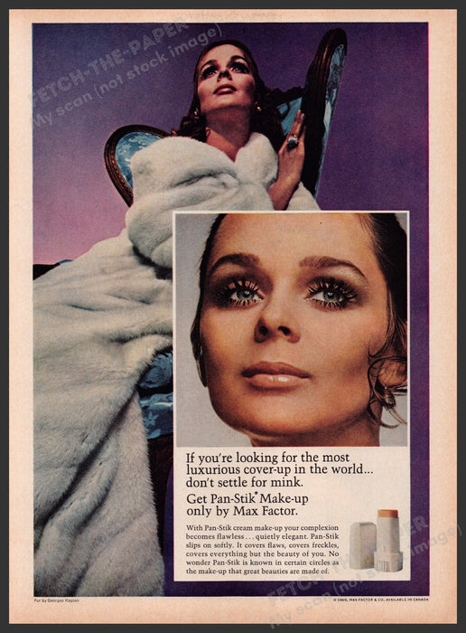 Max Factor Pan-Stik Makeup 1960s Print Advertisement 1969 Cosmetics Fetch the Paper!