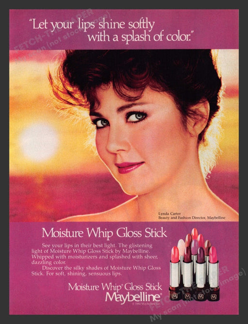 1984 Maybelline Moisture Whip Gloss Stick Lynda Carter Print Advertisement Ad