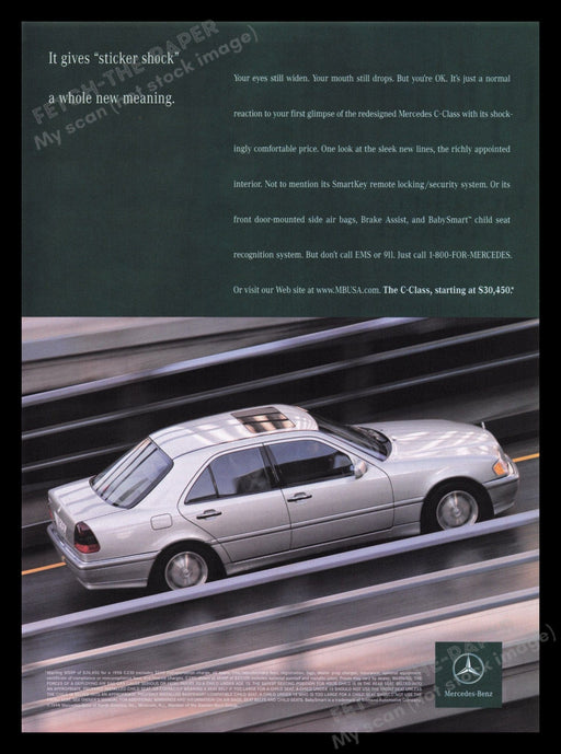 Mercedes-Benz 1990s Print Advertisement Ad 1998 C-Class "Sticker Shock" Fetch the Paper!