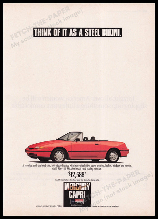 Mercury Capri Car 1990s Print Advertisement Ad 1990 "A Steel Bikini" Fetch the Paper!