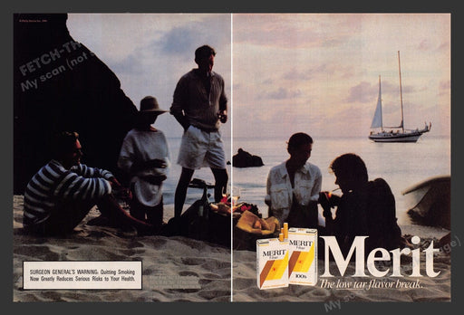1986 Merit Filter Cigarettes Beach Party Sailboat Print Advertisement (2 Pages)