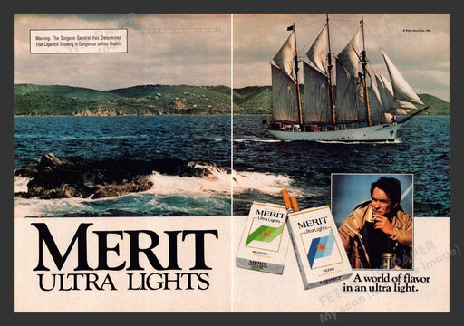 1984 Merit Ultra Lights Cigarettes Ship on Water Print Advertisement (2 Pages)