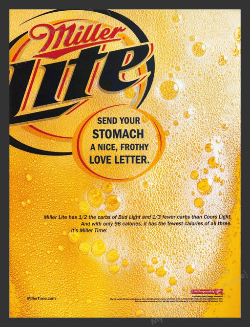 2003 Miller Lite Frothy Love Letter Print Advertisement Ad