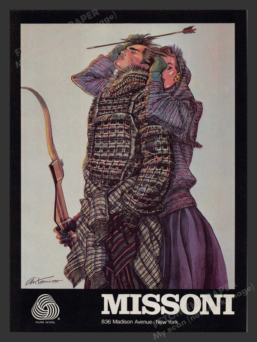Missoni Clothing Antonio Illustration Archer 1980s Print Advertisement 1983 Fetch the Paper!