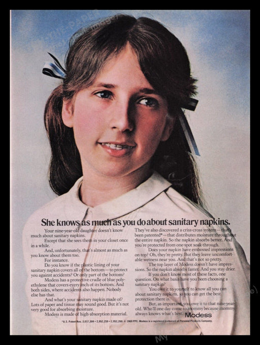 Modess Sanitary Napkins 1970s Print Advertisement Ad 1970 Young Pre-Teen Fetch the Paper!