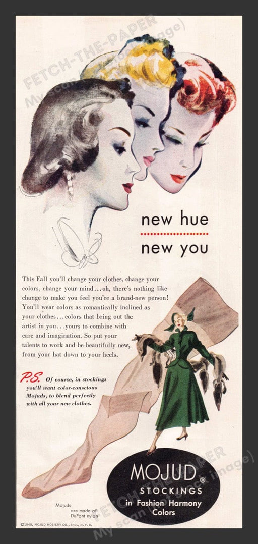1948 Mojud Stockings Hosiery Color New Hue Print Advertisement Ad