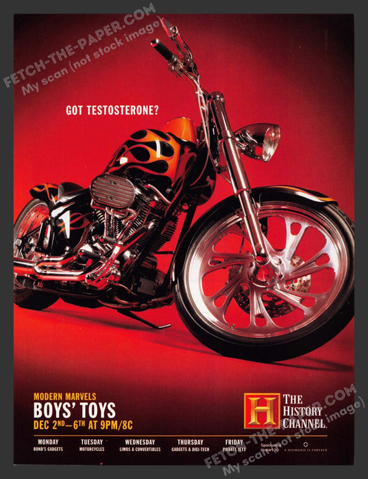2002 Motorcycle Boys' Toys Modern Marvels T.V. Show Print Advertisement.