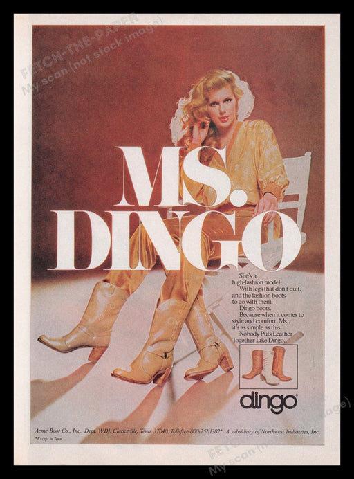 Ms. Dingo Cowboy Boots 1970s Print Advertisement Ad 1979 Fetch the Paper!