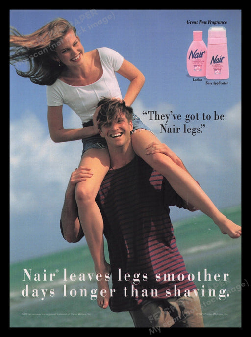 Nair 1990s Print Advertisement Ad 1993 Smooth Legs Riding on Shoulders Fetch the Paper!