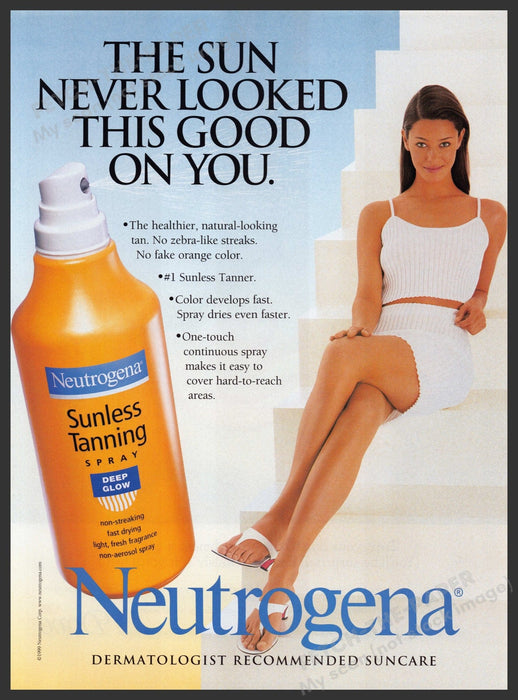 Neutrogena Sunless Tanning 1990s Print Advertisement Ad 1999 Tan Legs Stairs Fetch the Paper!
