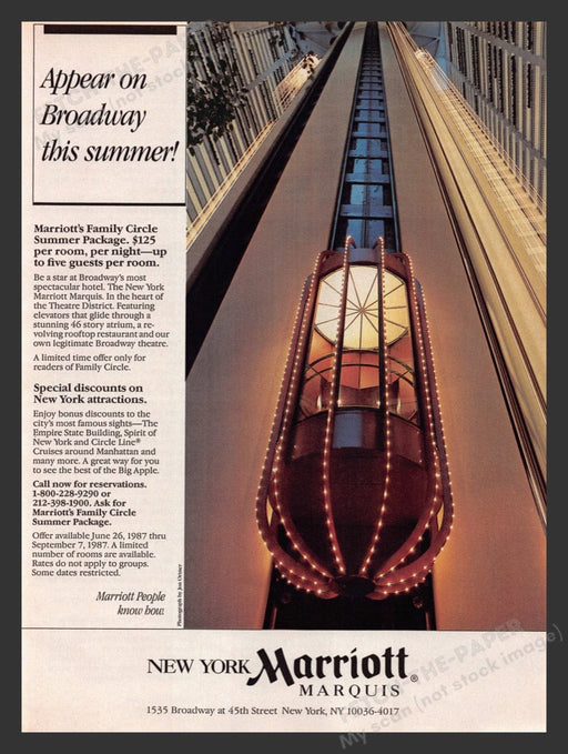 1987 New York Marriott Marquis Outside Elevator Print Advertisement Ad