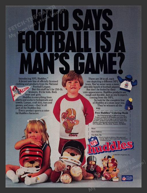 NFL 1980s Print Advertisement Ad 1983 Huddles Kids Stuffed Animals Teams Fetch the Paper!