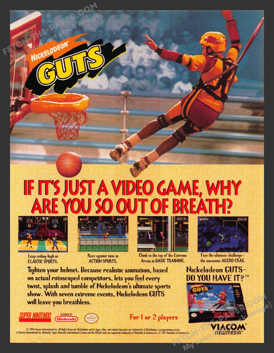 1994 Print Advertisement Nickelodeon Guts Super Nintendo Video Game Ad.