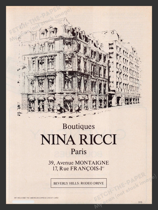 Nina Ricci Boutiques Paris Drawing 1980s Print Advertisement 1983 Fetch the Paper!