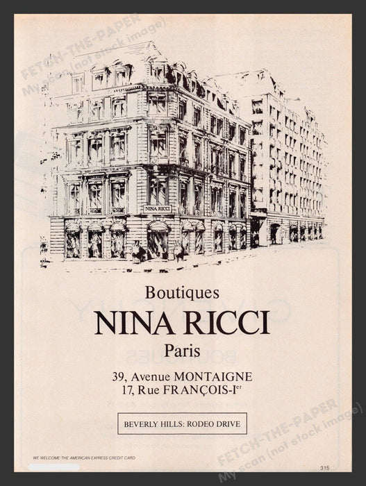 Nina Ricci Boutiques Paris Drawing 1980s Print Advertisement 1983 Fetch the Paper!