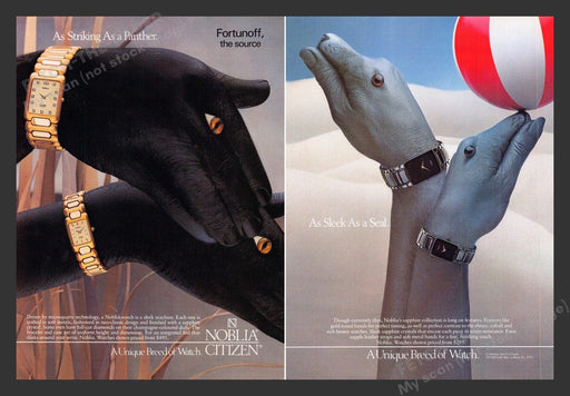 1987 Noblia Citizen Watch Panther & Seals Hands Print Advertisement Ad