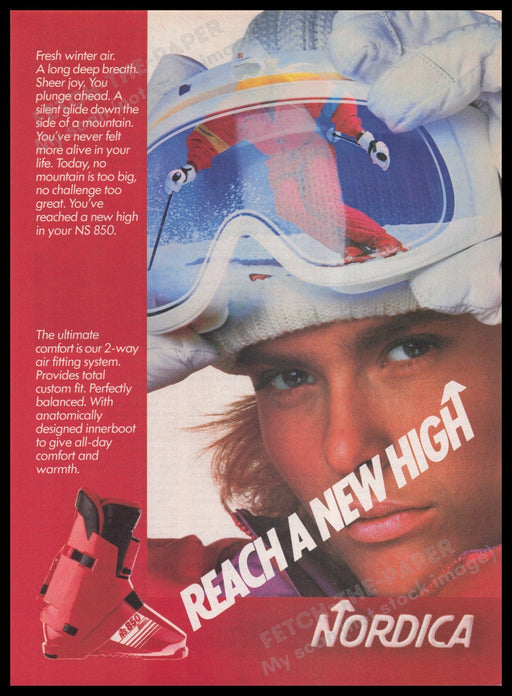 Nordica NS 850 Ski Boots 1980s Print Advertisement Ad 1986 Snow Skiing Model Fetch the Paper!