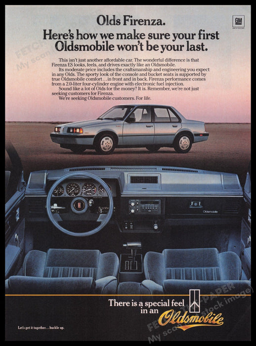 Oldsmobile Firenza ES Car 1980s Print Advertisement Ad 1985 Interior Fetch the Paper!