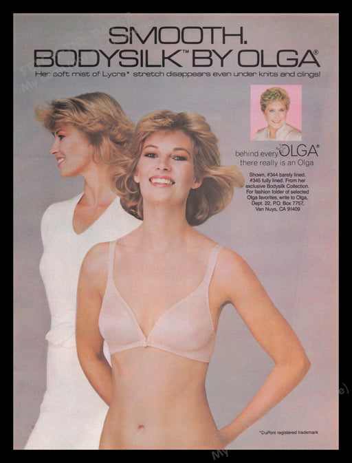 Olga Lingerie 1980s Print Advertisement Ad 1985 Bodysilk Bra Lycra Fetch the Paper!