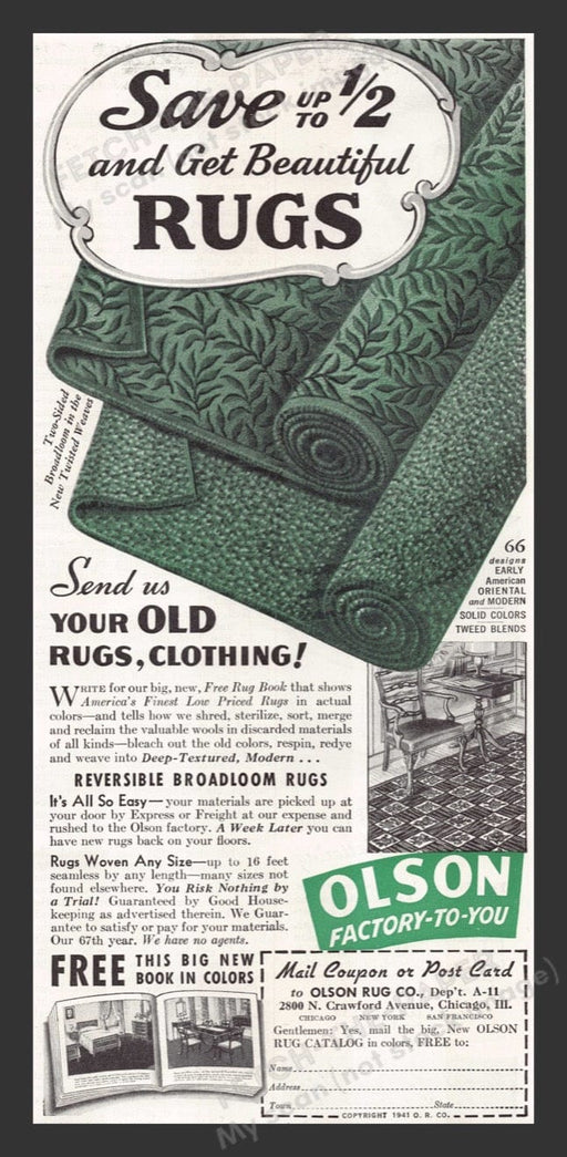 1941 Olson Rug Co. Broadloom Green Color Print Advertisement Ad