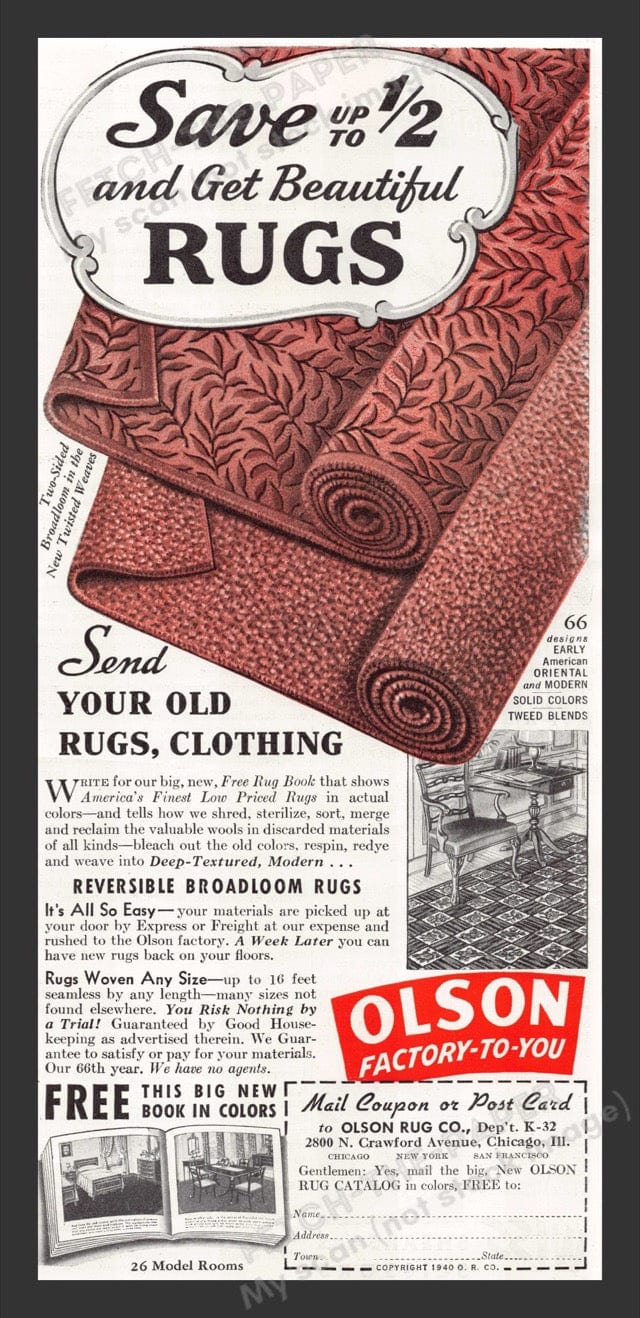 Olson Rugs 1940s Print Advertisement Ad 1940 Broadloom — Fetch-the-Paper