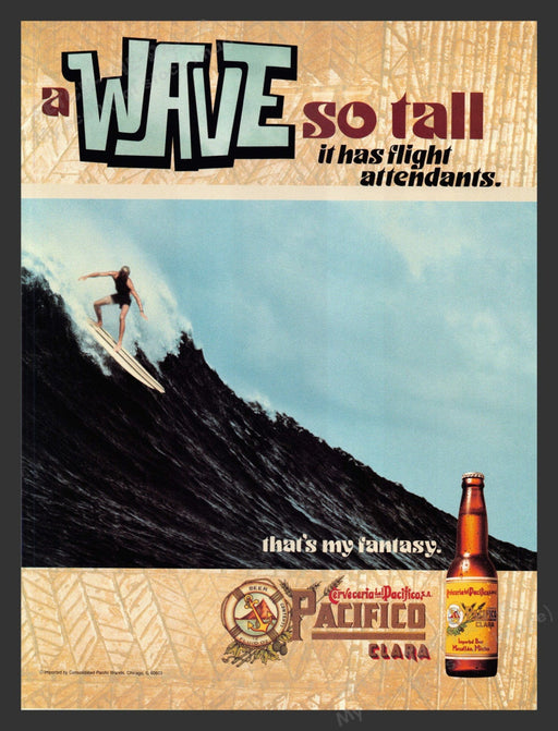 1999 Pacifico Clara Beer Tall Surfing Wave Print Advertisement Ad.
