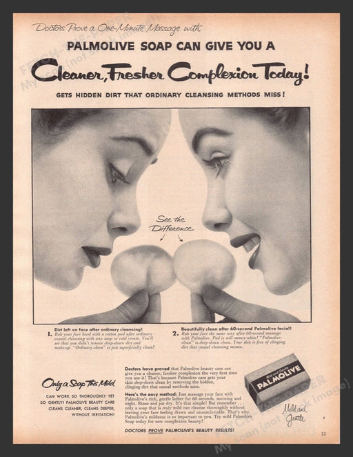 1956 Palmolive Soap Cottonball Test Print Advertisement Ad