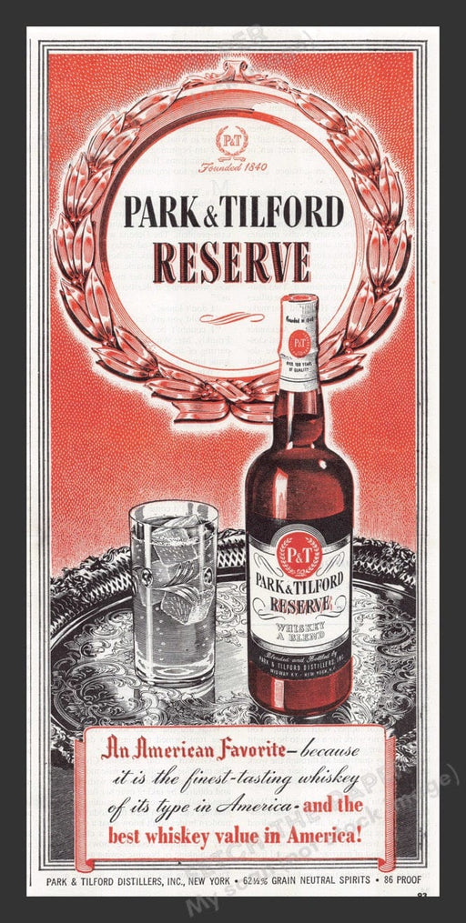 1949 Park & Tilford Reserve Whiskey Color Print Advertisement Ad
