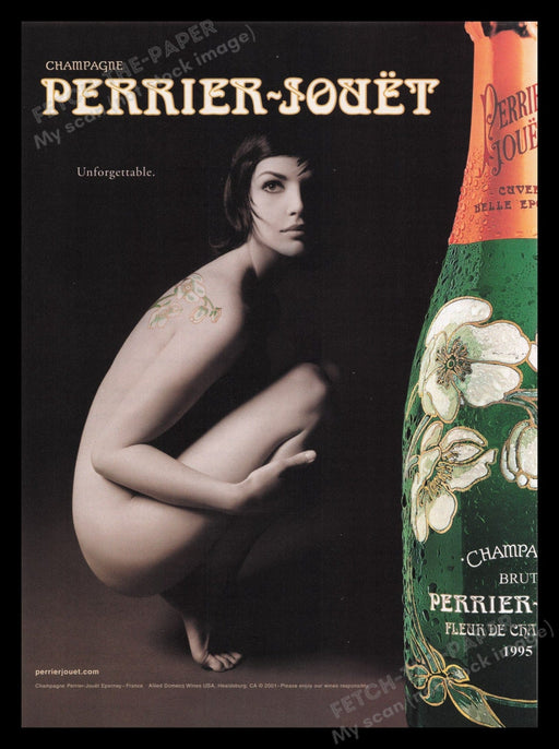 Perrier-jouët Brut Champagne 2000s Print Advertisement Ad 2001 Naked Model Fetch the Paper!