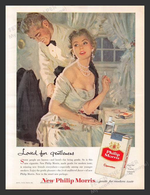 1956 Philip Morris Cigarettes Couple Undressing Evening Print Advertisement Ad