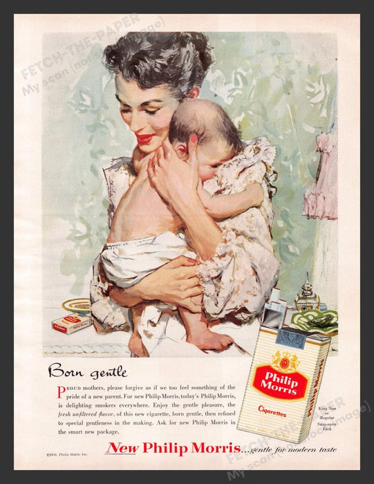 1956 Philip Morris Cigarettes Mother & Baby Color Print Advertisement Ad