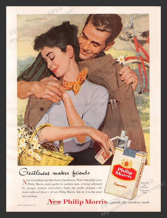1956 Philip Morris Cigarettes Spring Couple Bicycle Color Print Advertisement Ad