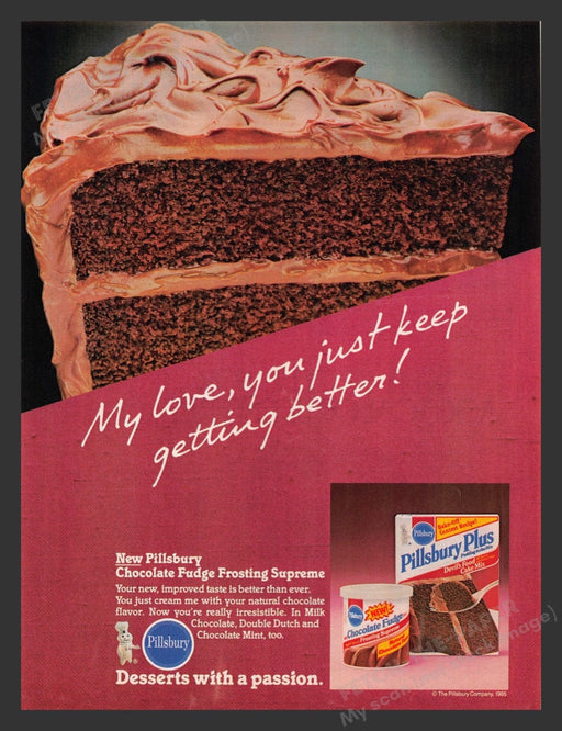1985 Pillsbury Chocolate Fudge Frosting Supreme Dough Boy Print Advertisement Ad