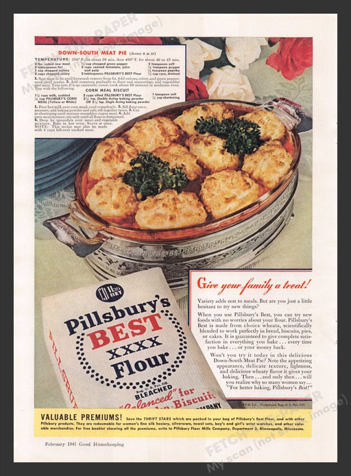 1941 Pillsbury's Best Flour "Down-South Meat Pie" Recipe Print Advertisement Ad