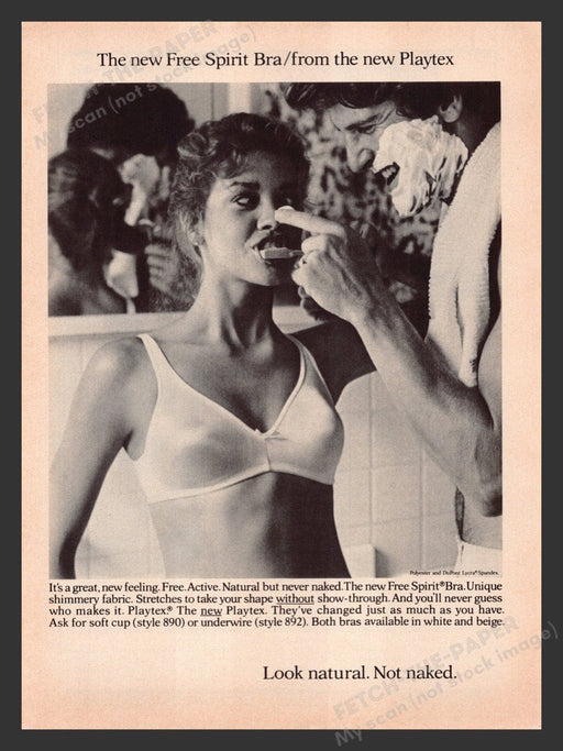 1980 Playtex Free Spirit Bra Couple in Bathroom Print Advertisement Ad