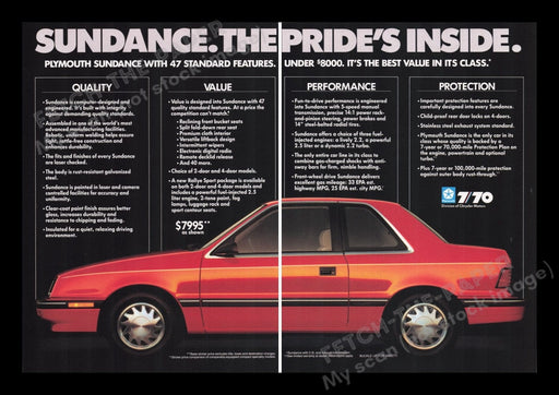 Plymouth Sundance 1980s Print Advertisement Ad (2 pages) 1988 Car 47 Features Fetch the Paper!