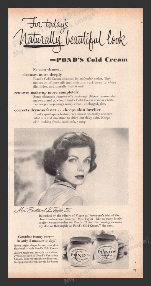 1956 Pond's Cold Cream Mrs. Bertrand L. Taylor III Print Advertisement Ad