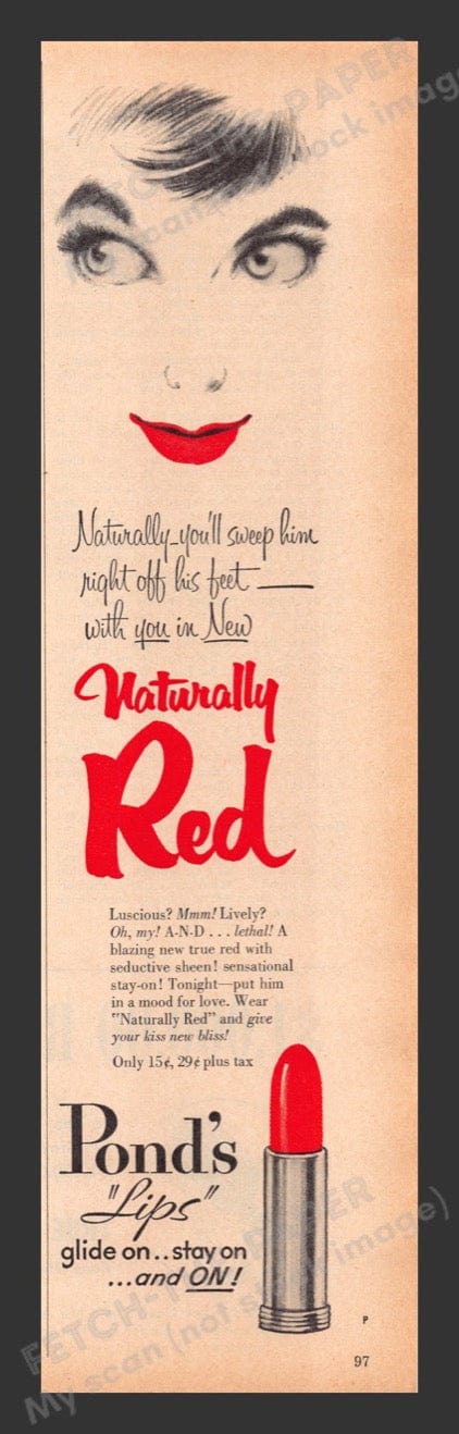 1956 Pond's "Lips" Naturally Red Lipstick Print Advertisement Ad