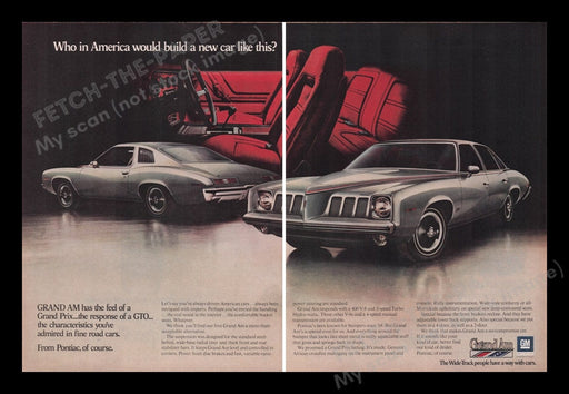 Pontiac Grand Am Car 1970s Print Advertisement (2 pages) 1972 Interior GM Fetch the Paper!
